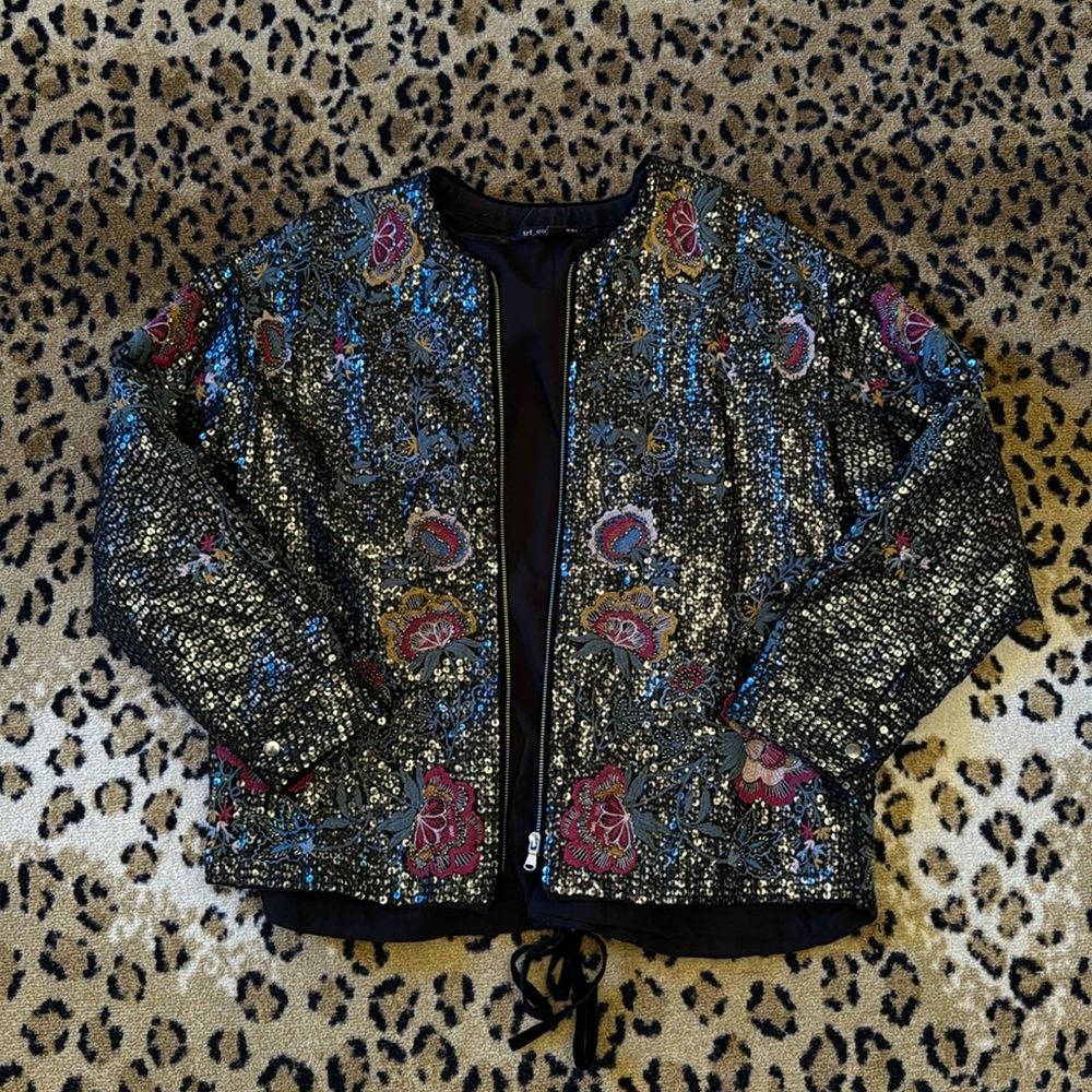 ZARA TRF Outerwear Sequin Floral Bomber Jacket Boho Glam